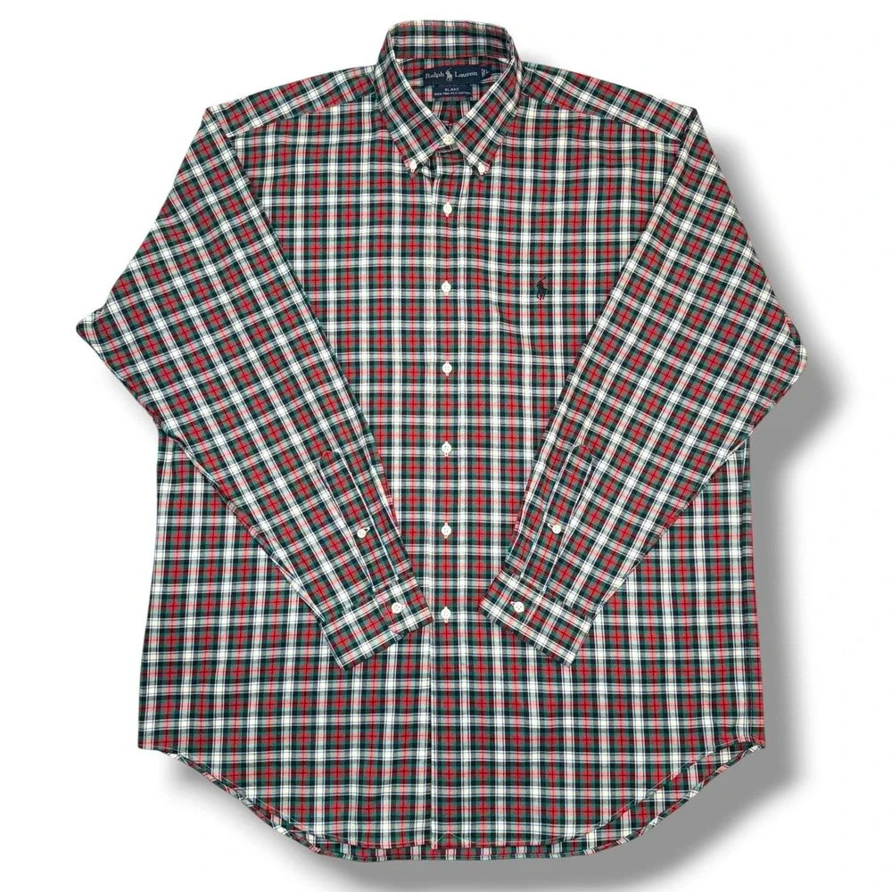 Polo Ralph Lauren‎ Blake Mens Large Plaid Button Down Shirt Red Green Cotton